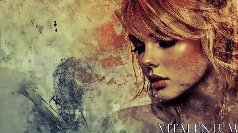 Portrait of blonde woman on textured abstract background.