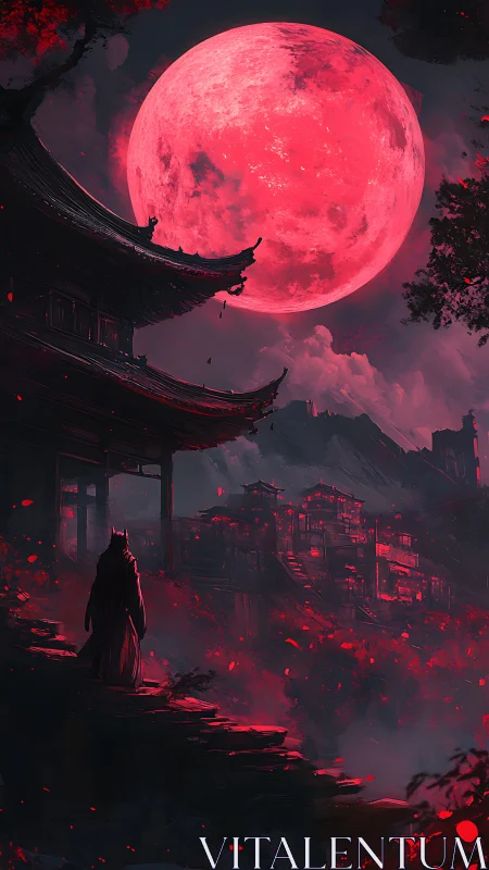 Crimson supermoon above foggy hillside temple and village