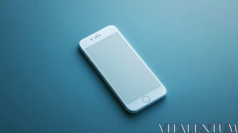 White smartphone displayed on blue background surface.