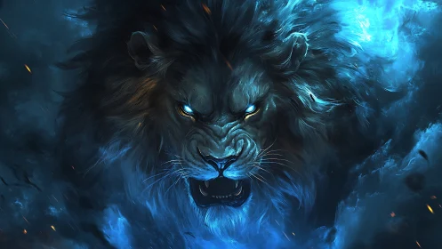 Roaring spectral lion emerges from swirling blue firestorm