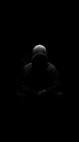 Hooded figure sits in darkness with face obscured by shadow