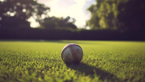 Shallow depth-of-field cricket ball study on sunlit grass surface