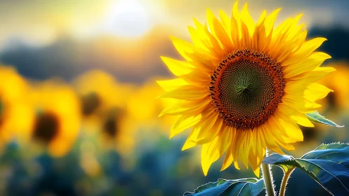 Luminous sunflower close-up in sunlit shallow depth of field.