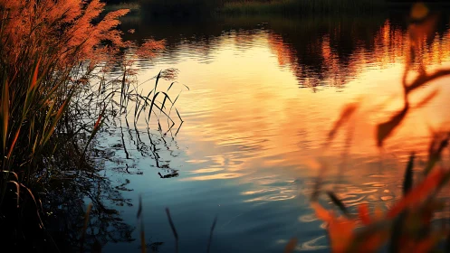 Riparian grasses against specular sunset water reflections.