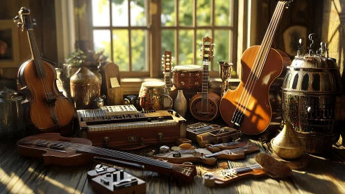 Vintage string instruments glow in warm window light.