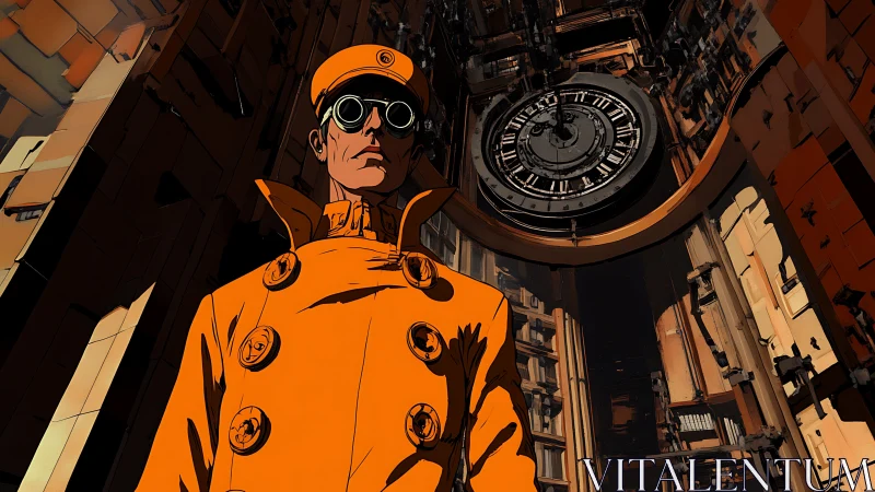 Timewarden in orange coat under towering clockwork vault