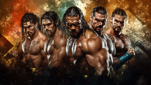 Digital painting lineup of muscular wrestlers with grunge textures.