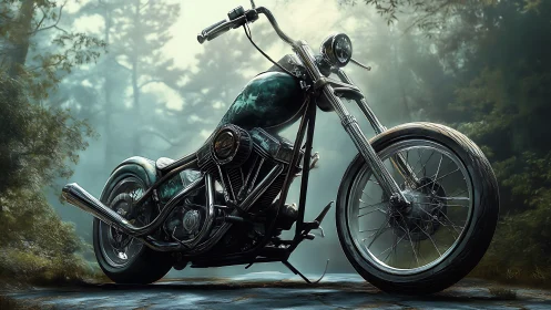 Custom chopper motorcycle stands in misty forest light.