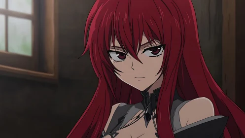 Red haired anime warrior in dim wooden interior.