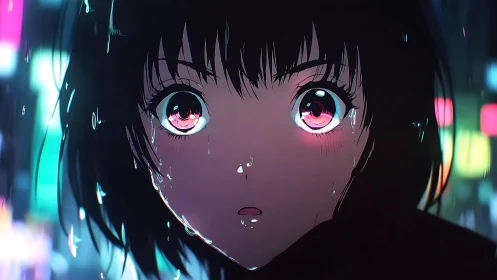 Rainlit anime girl gazes into neon soaked night streets