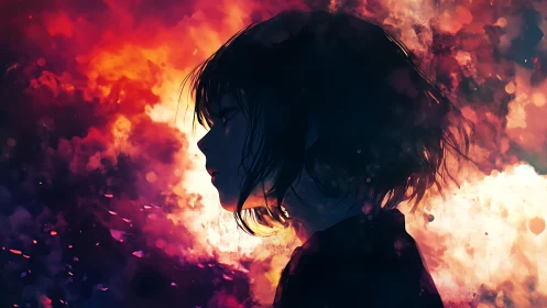 Silhouetted girl contemplates amid blazing nebula light