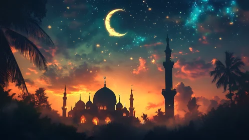 Mosque silhouette glows under crescent moon and vivid dusk sky