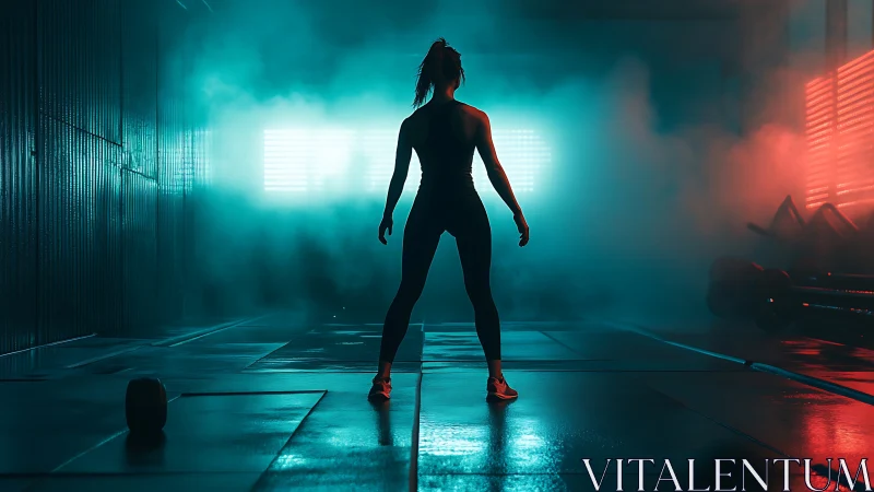 Athlete silhouette dominates neon fog-filled training arena.