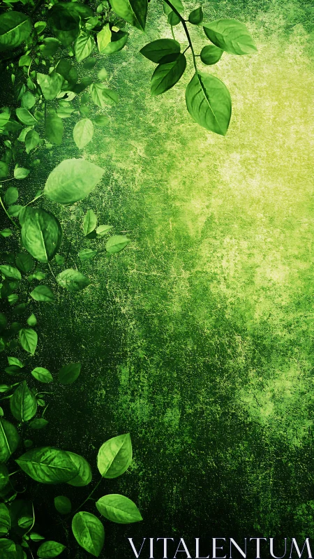 Vertical leafy border against grunge-textured green gradient field