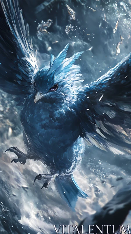 Large blue avian creature is depicted in dynamic mid-flight