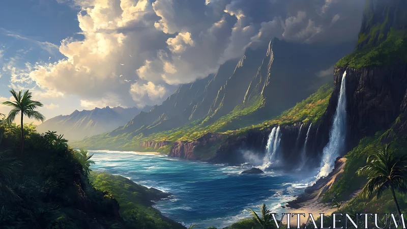 Tropical Paradise Waterfalls Cascade Into Azure Coastal Cove