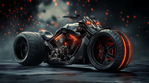 Midnight war-bike growls forward on ember-ringed wheels