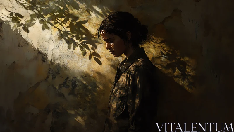 Solitary figure in dappled sunlight against textured wall.