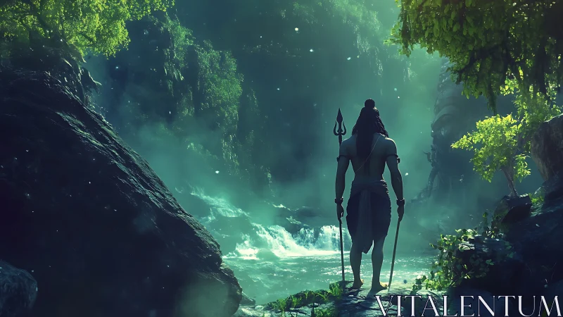Divine warrior silhouette facing emerald misted waterfall.