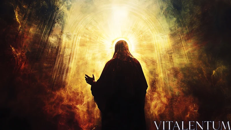 Silhouetted robed figure stands before intense radiant light