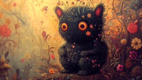 Furry forest creature gazes wide-eyed in glowing blooms.