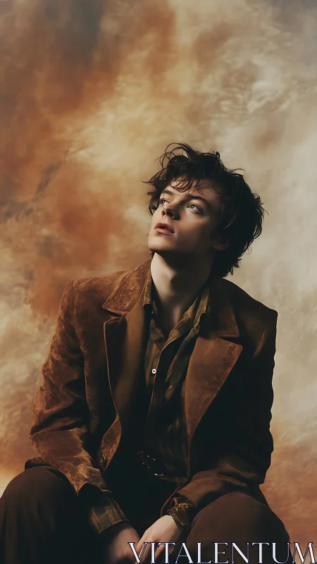 Photorealistic portrait in sepia-toned studio fashion composition.