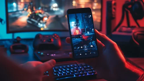 Mobile shooter game mirrored on PC gaming setup desk.