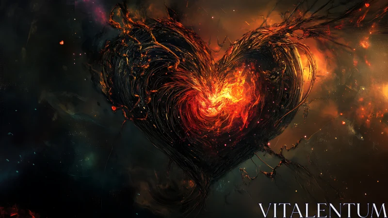 Digital painting of molten heart core in cosmic void.