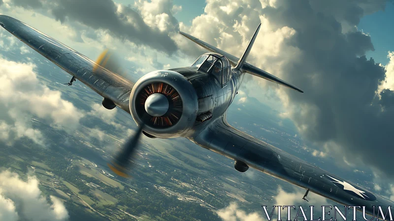 Storm-bent warbird carves bright corridors through clouds