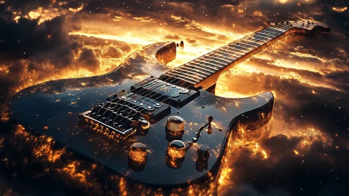Surreal electric guitar immersed in molten celestial lightscape.