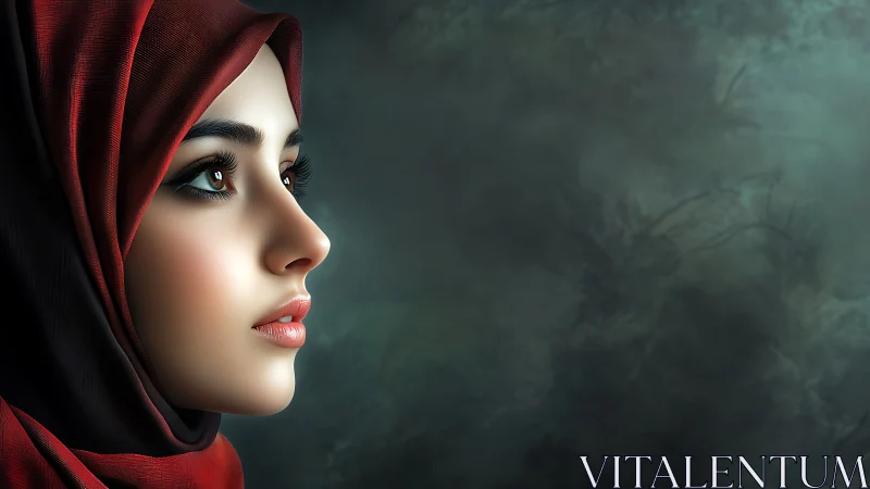 Profile portrait of veiled woman rendered in hyperreal detail