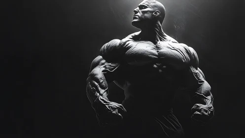 Muscular male figure rendered in stark high contrast lighting.