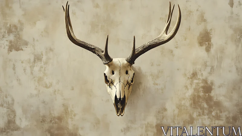 Weathered stag skull mounted on textured ochre wall.