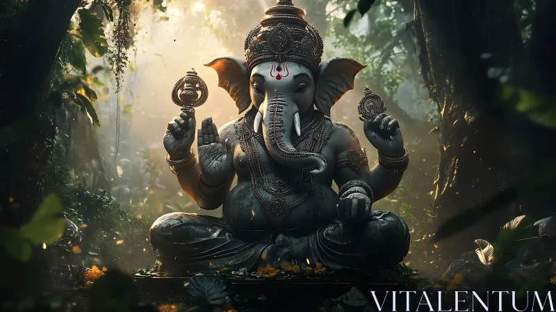 Elephant-headed deity statue in volumetric jungle light study.
