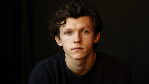 Neutral-lit male portrait uses shallow depth and dark backdrop
