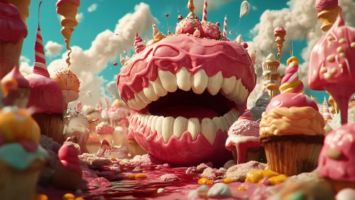 Giant candy monster dominates surreal dessert landscape.
