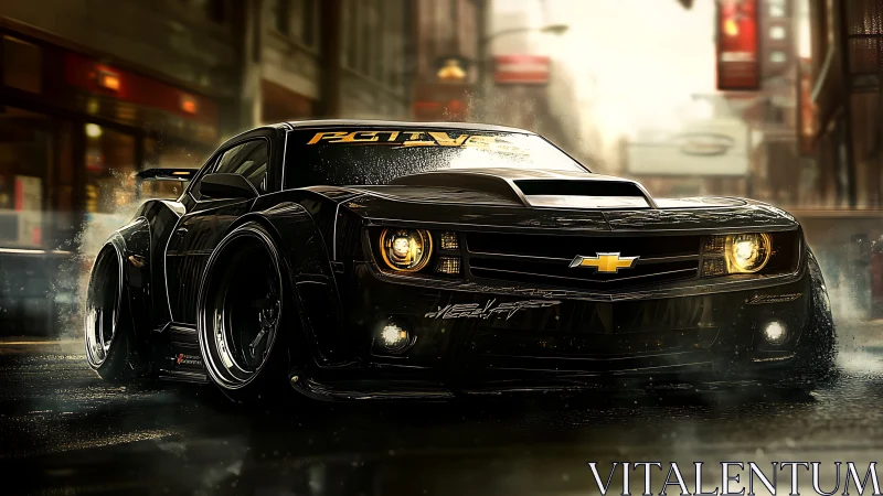 Aggressive black Camaro drifts through neon‑lit rainy streets.