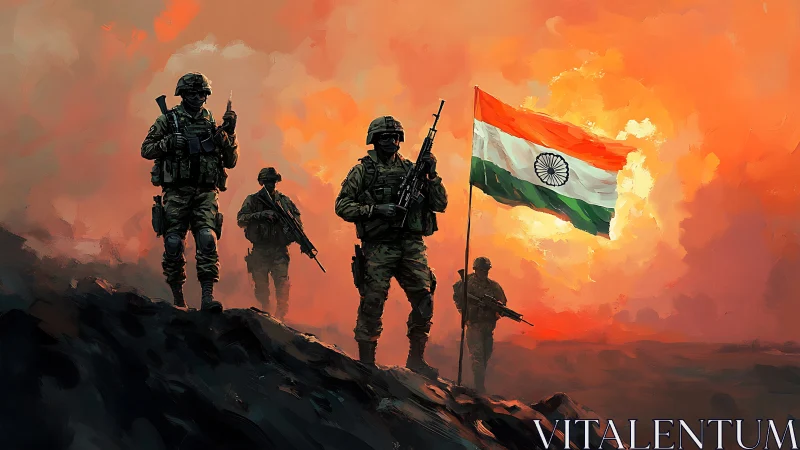 Sunlit Indian soldiers stand proud beneath a glowing sky