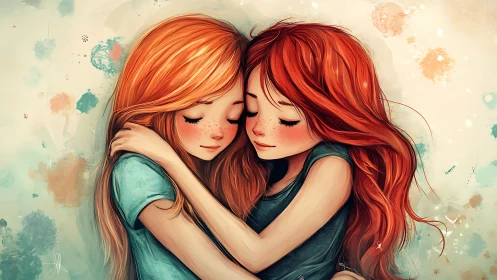 Two Red-Haired Figures Embracing in Watercolor Abstraction