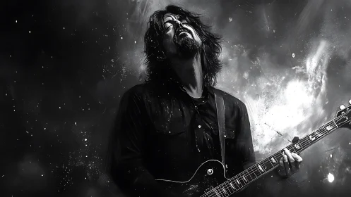 Monochrome guitarist in dynamic pose with abstract backdrop.