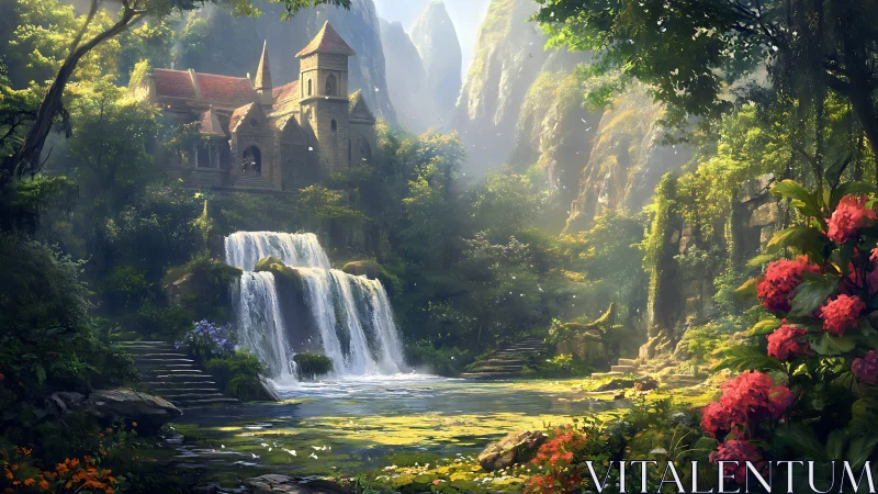 Fantasy stone chapel above sunlit forest waterfall pool.