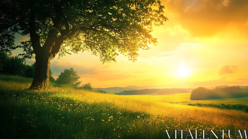 Sunlit meadow tree under radiant golden sunrise glow.