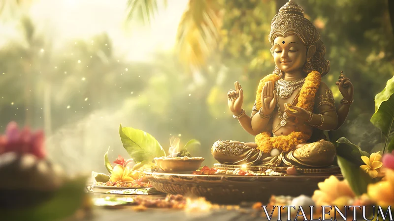 Golden goddess statue in soft morning light and flowers.