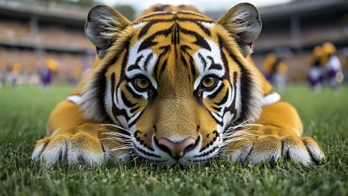Tiger mascot costume lying on grass in sports stadium.