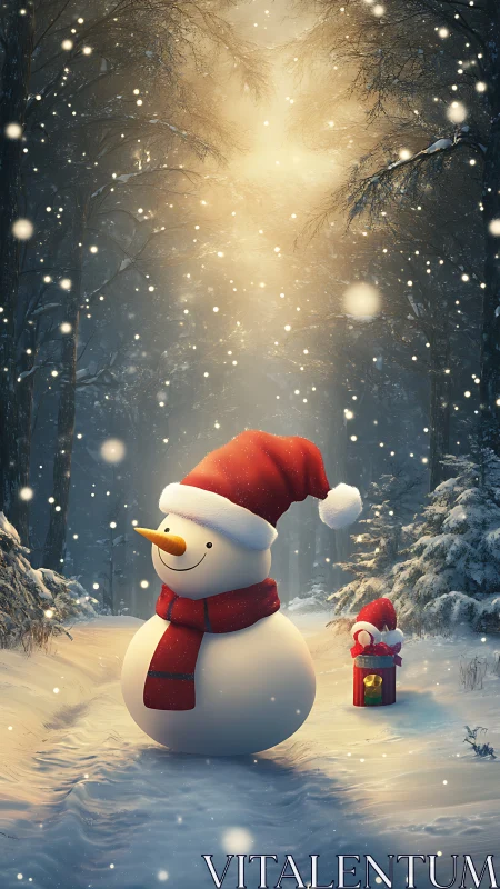 Snowman in illuminated forest path under soft volumetric snowfall