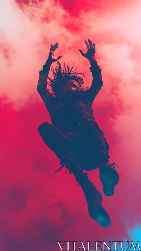 Silhouetted figure suspended against high-contrast red sky