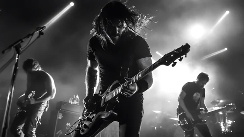 Photorealistic monochrome rock band performance in backlit haze.
