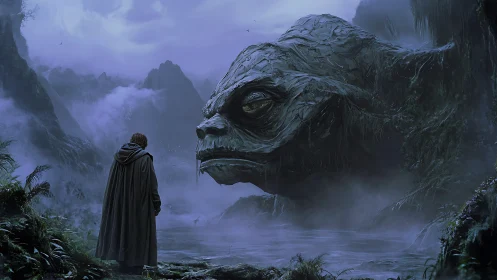 Cloaked wanderer confronting colossal swamp creature at dusk.
