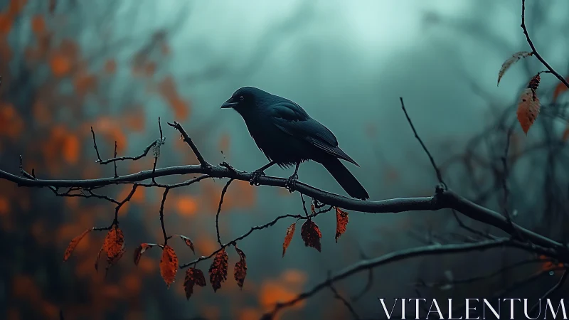 Black bird perched on branch with autumn foliage in mist