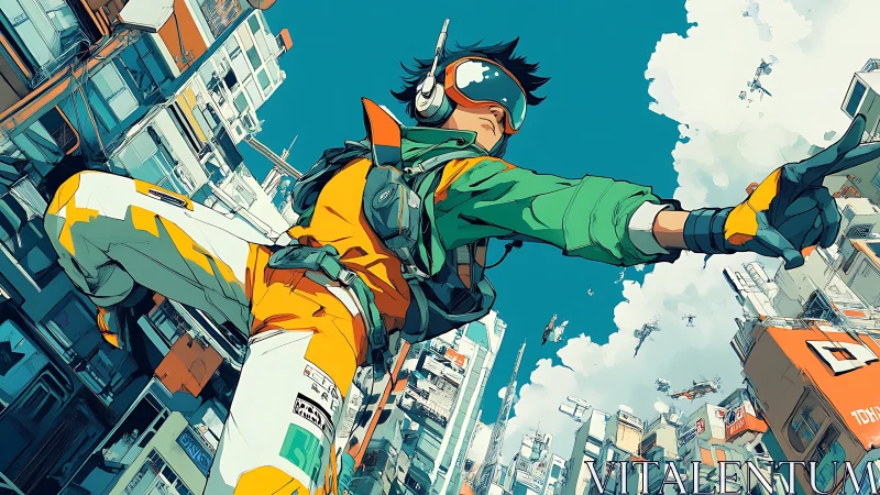 Futuristic street runner soars through tilted cityscape.